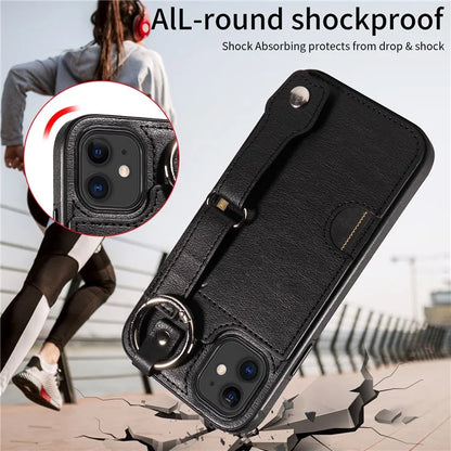 008 For iPhone 11 Case Leather Coated TPU Phone Cover with Wristband Kickstand