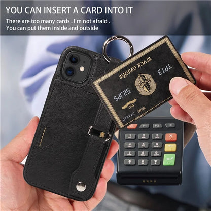 008 For iPhone 11 Case Leather Coated TPU Phone Cover with Wristband Kickstand