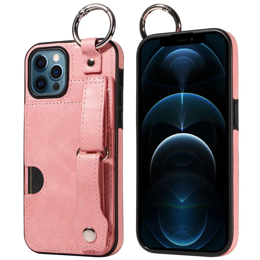 008 For iPhone 12 / 12 Pro Case PU Leather Coated TPU Metal Ring Protective Phone Cover