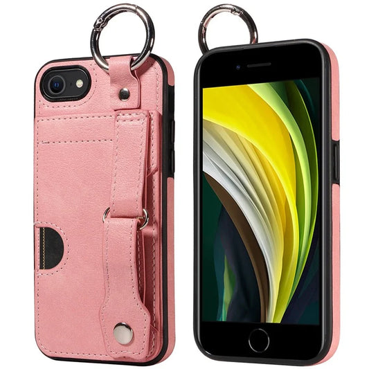 008 For iPhone 7 / 8 / SE (2020) / SE (2022) Case Finger Ring Leather Coated TPU Cover with Card Holder
