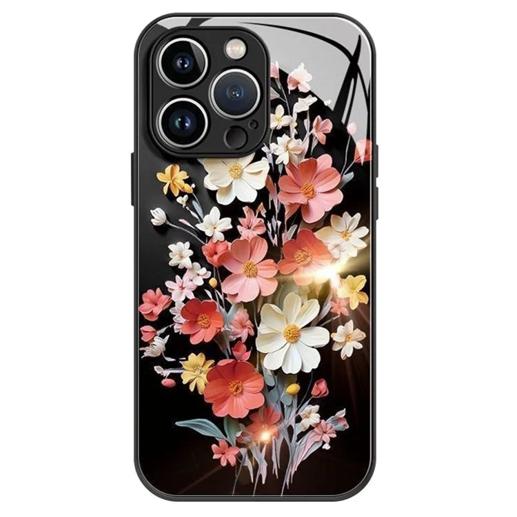 For iPhone 13 Pro Max Case Flower Pattern Printing Tempered Glass TPU Phone Case Wholesale