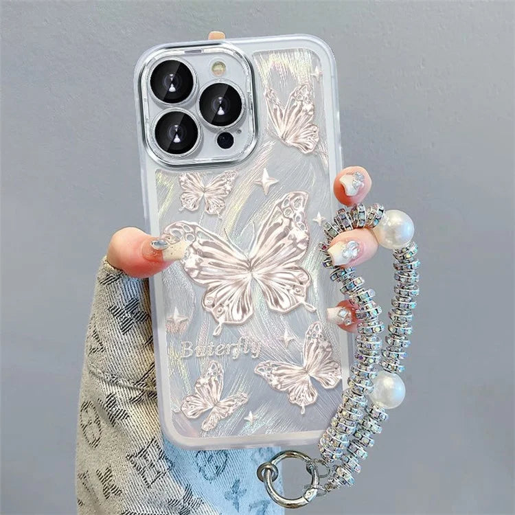 For iPhone 14 Pro TPU Case Silver Butterfly Phone Cover with Hand Strap