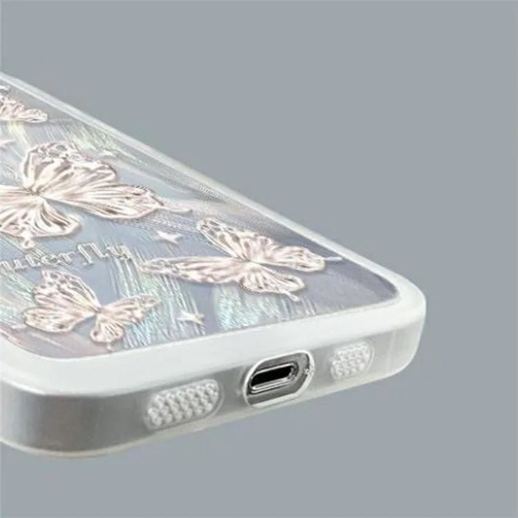 For iPhone 14 Pro TPU Case Silver Butterfly Phone Cover with Hand Strap