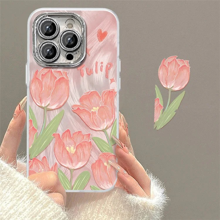 For iPhone 13 Pro Case Soft TPU Phone Protective Cover Tulip Flower Pattern Printed
