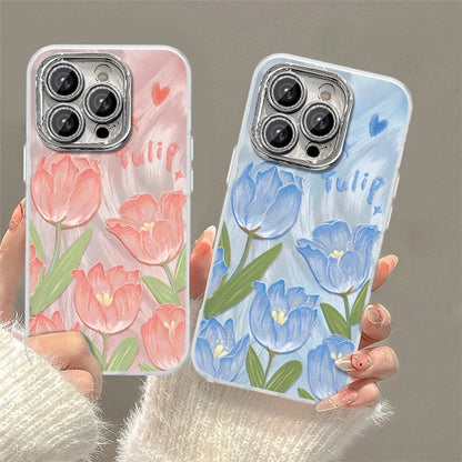 For iPhone 13 Pro Case Soft TPU Phone Protective Cover Tulip Flower Pattern Printed