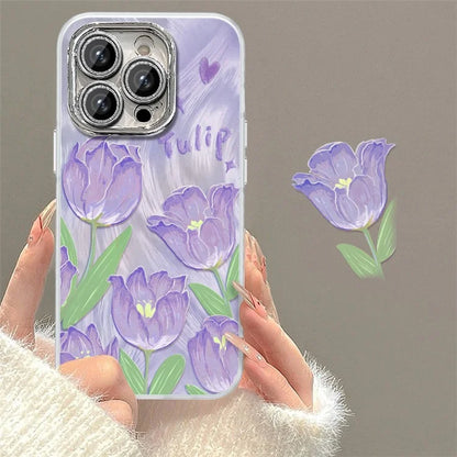 For iPhone 13 Pro Case Soft TPU Phone Protective Cover Tulip Flower Pattern Printed