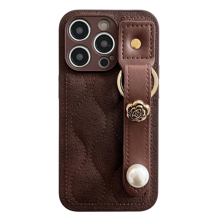 For iPhone 15 Pro Max Wristband Phone Case Down Jacket Design PU Leather + TPU Back Cover