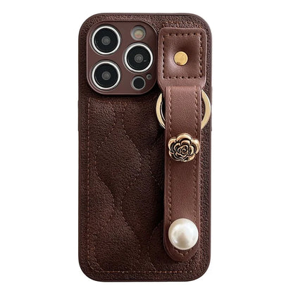 For iPhone 15 Pro Max Wristband Phone Case Down Jacket Design PU Leather + TPU Back Cover