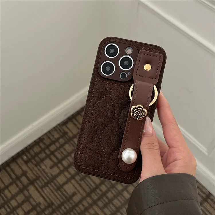 For iPhone 15 Pro Max Wristband Phone Case Down Jacket Design PU Leather + TPU Back Cover