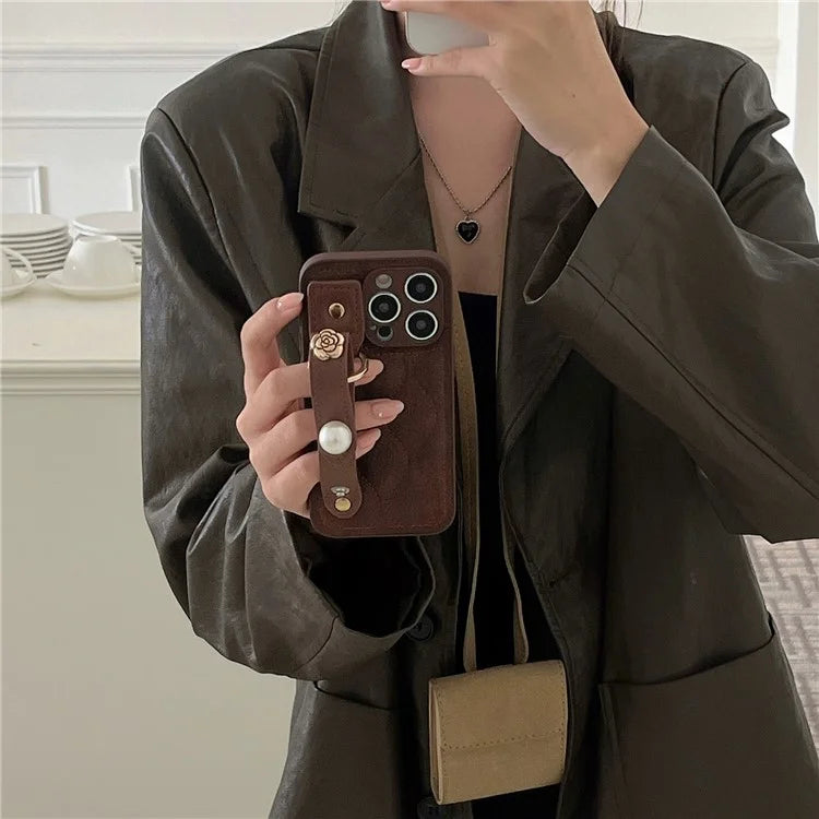 For iPhone 15 Pro Max Wristband Phone Case Down Jacket Design PU Leather + TPU Back Cover