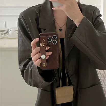 For iPhone 15 Pro Max Wristband Phone Case Down Jacket Design PU Leather + TPU Back Cover