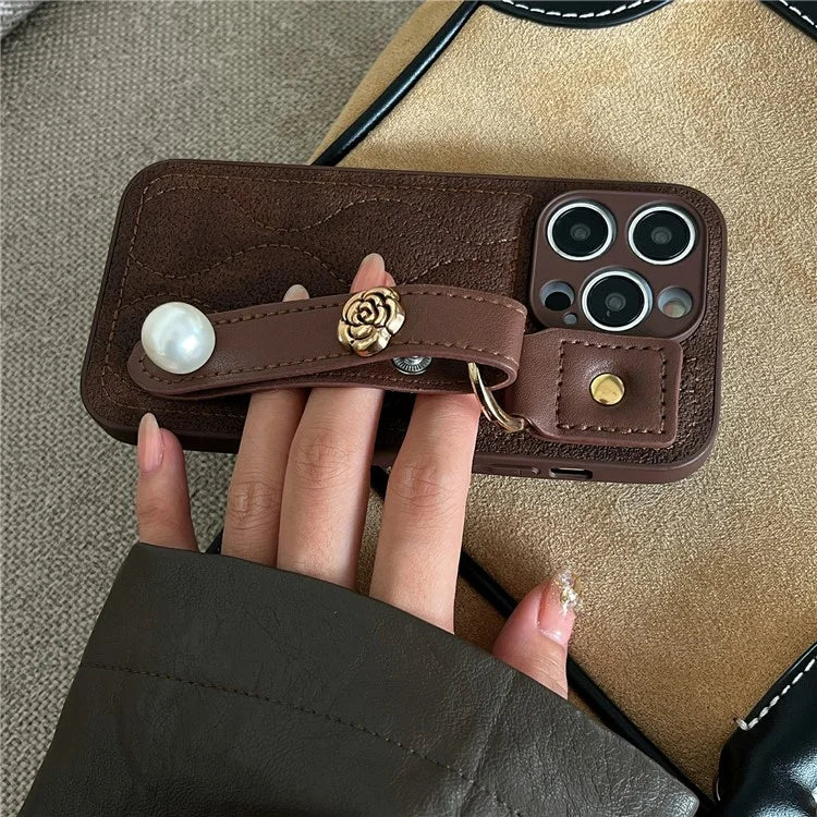 For iPhone 15 Pro Max Wristband Phone Case Down Jacket Design PU Leather + TPU Back Cover