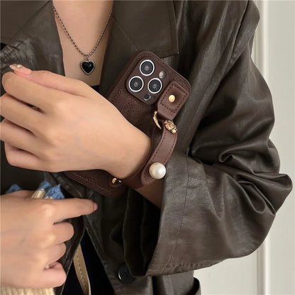 For iPhone 15 Pro Max Wristband Phone Case Down Jacket Design PU Leather + TPU Back Cover