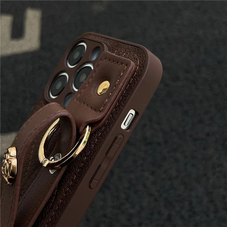 For iPhone 15 Pro Max Wristband Phone Case Down Jacket Design PU Leather + TPU Back Cover