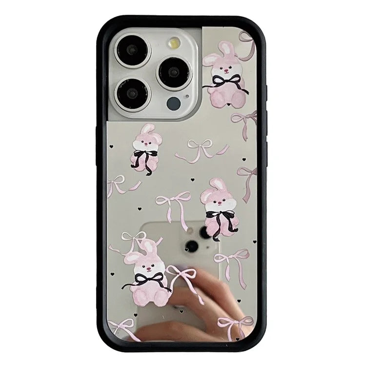 For iPhone 15 Pro Max Case Pink Bow Pattern TPU Cover with Mirror Effect Surface