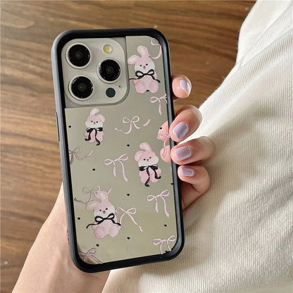 For iPhone 15 Pro Max Case Pink Bow Pattern TPU Cover with Mirror Effect Surface