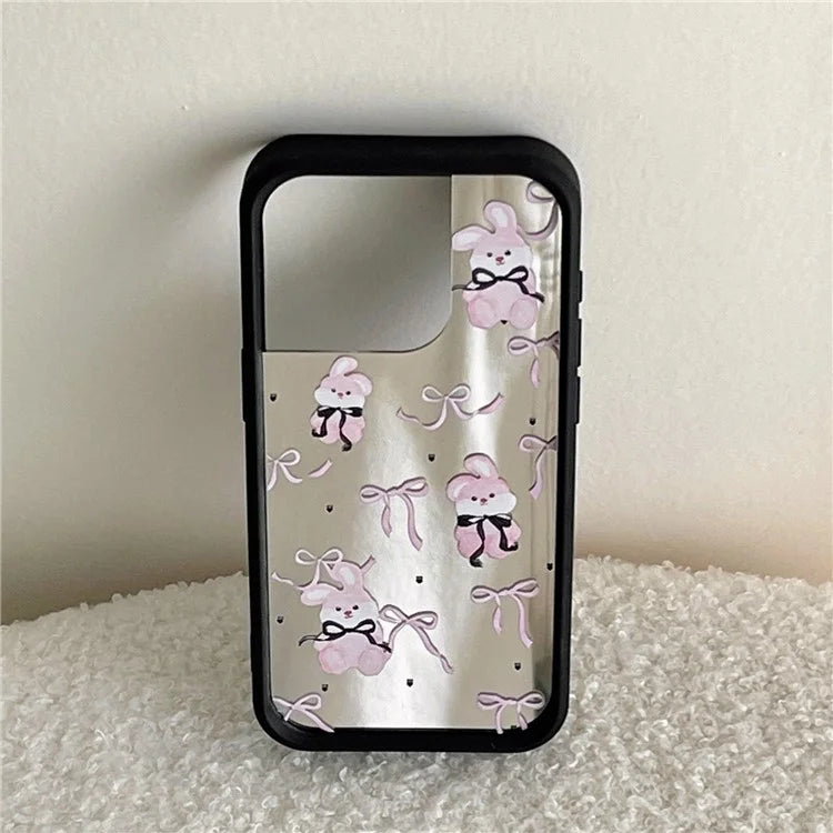 For iPhone 15 Pro Max Case Pink Bow Pattern TPU Cover with Mirror Effect Surface