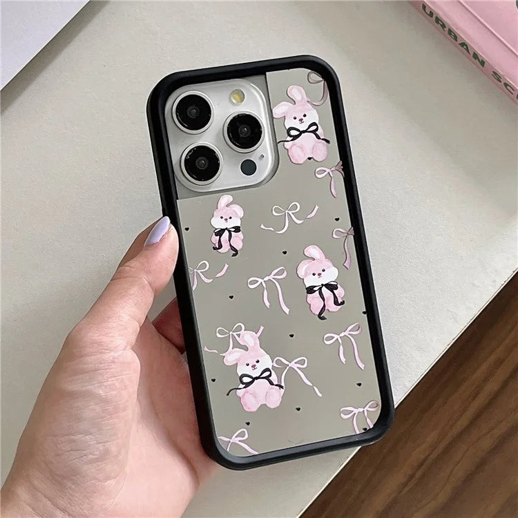 For iPhone 15 Pro Case Pink Bow Pattern Soft TPU Phone Cover with Mirror Effect Surface