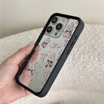 For iPhone 15 Pro Case Pink Bow Pattern Soft TPU Phone Cover with Mirror Effect Surface