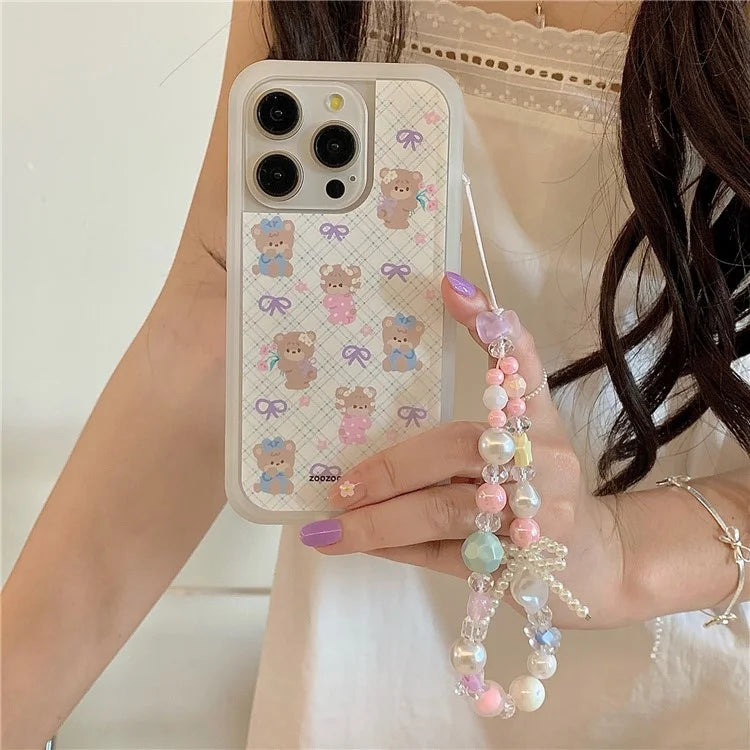 For iPhone 15 Pro TPU Case Cute Plaid Bow Bear Pattern Phone Cover with Beaded Wrist Strap