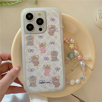 For iPhone 15 Pro TPU Case Cute Plaid Bow Bear Pattern Phone Cover with Beaded Wrist Strap