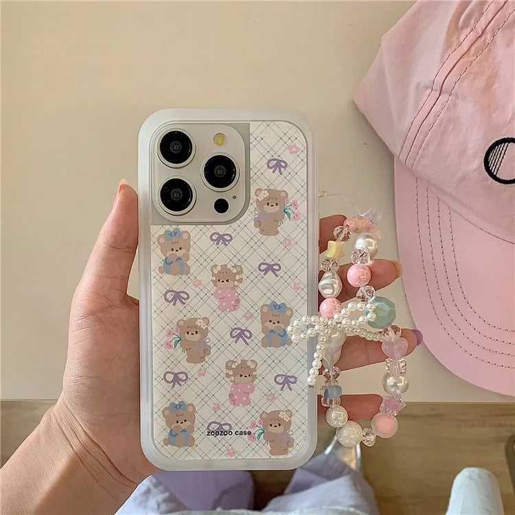 For iPhone 15 Pro TPU Case Cute Plaid Bow Bear Pattern Phone Cover with Beaded Wrist Strap