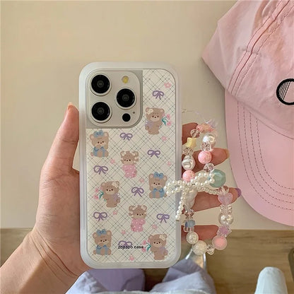 For iPhone 15 Pro TPU Case Cute Plaid Bow Bear Pattern Phone Cover with Beaded Wrist Strap