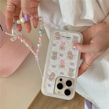 For iPhone 15 Pro TPU Case Cute Plaid Bow Bear Pattern Phone Cover with Beaded Wrist Strap