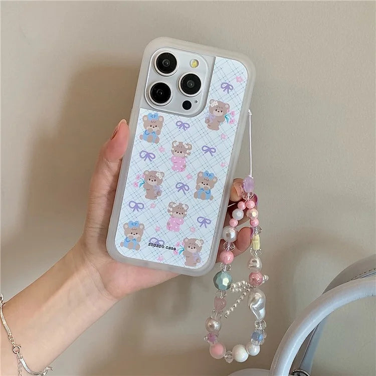 For iPhone 15 Pro TPU Case Cute Plaid Bow Bear Pattern Phone Cover with Beaded Wrist Strap