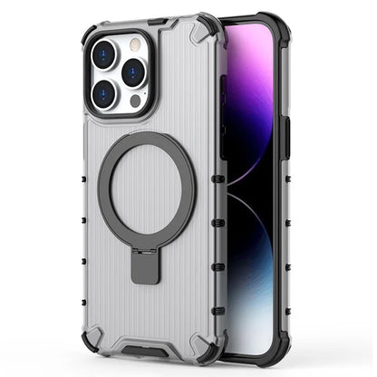 For iPhone 15 Pro Max Case Stripe Design Magnetic Ring Kickstand PC+TPU Phone Cover