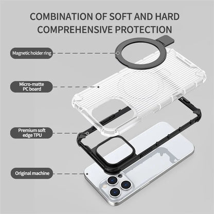 For iPhone 15 Pro Max Case Stripe Design Magnetic Ring Kickstand PC+TPU Phone Cover