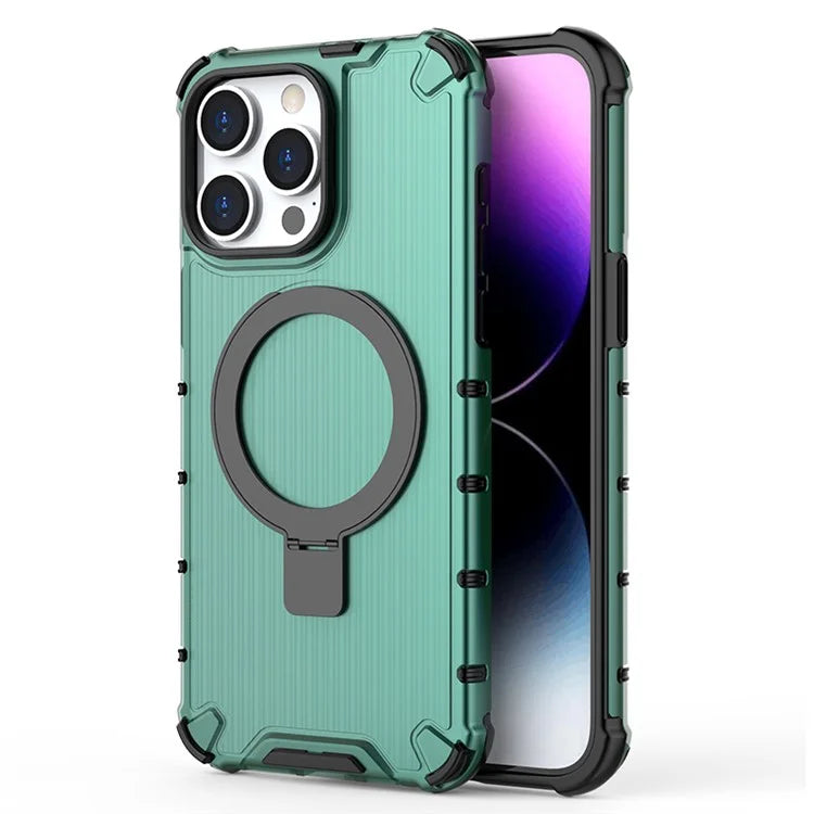 For iPhone 15 Pro Max Case Stripe Design Magnetic Ring Kickstand PC+TPU Phone Cover