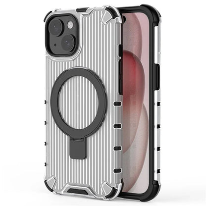 For iPhone 15 Plus Case Stripe Design PC+TPU Magnetic Phone Shell with Ring Kickstand