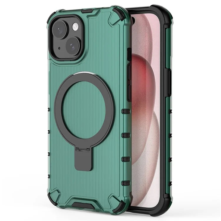 For iPhone 15 Plus Case Stripe Design PC+TPU Magnetic Phone Shell with Ring Kickstand