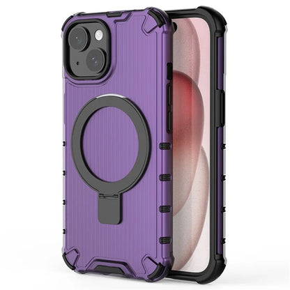 For iPhone 15 Plus Case Stripe Design PC+TPU Magnetic Phone Shell with Ring Kickstand