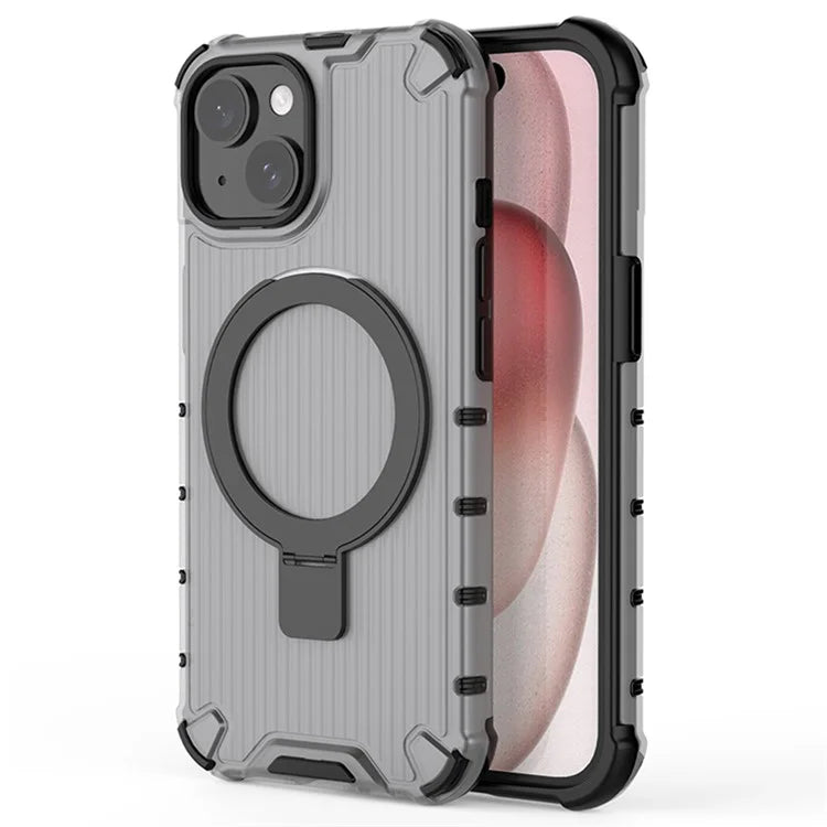 For iPhone 15 Plus Case Stripe Design PC+TPU Magnetic Phone Shell with Ring Kickstand