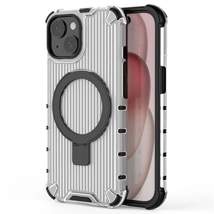For iPhone 15 Magnetic Phone Case Stripe Design PC+TPU Shell with Ring Kickstand