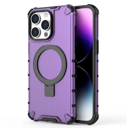 For iPhone 14 Pro Max Magnetic Phone Case Stripe Design Ring Kickstand PC+TPU Cover