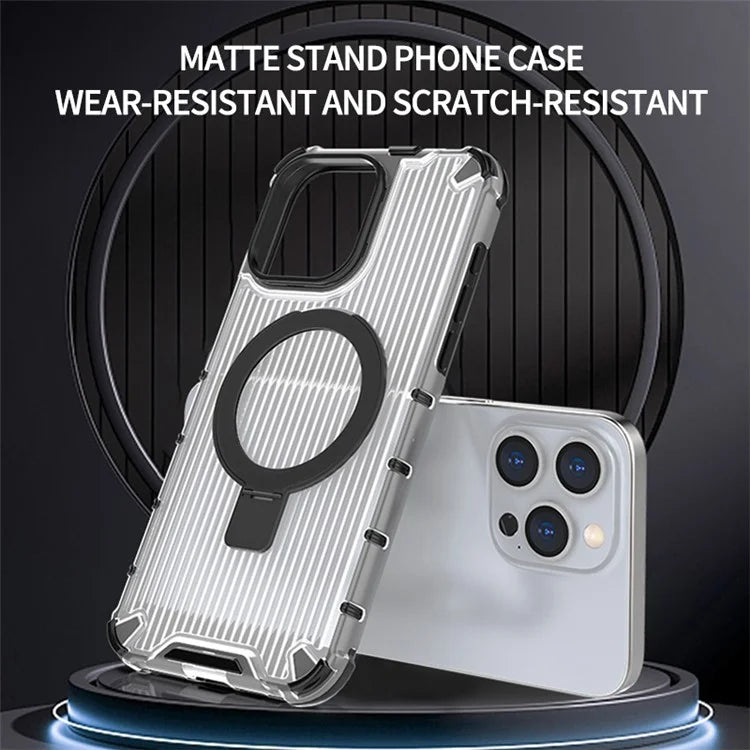 For iPhone 14 Pro Max Magnetic Phone Case Stripe Design Ring Kickstand PC+TPU Cover