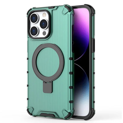 For iPhone 14 Pro Max Magnetic Phone Case Stripe Design Ring Kickstand PC+TPU Cover