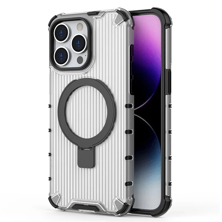 For iPhone 14 Pro PC+TPU Case Stripe Design Kickstand Magnetic Phone Cover