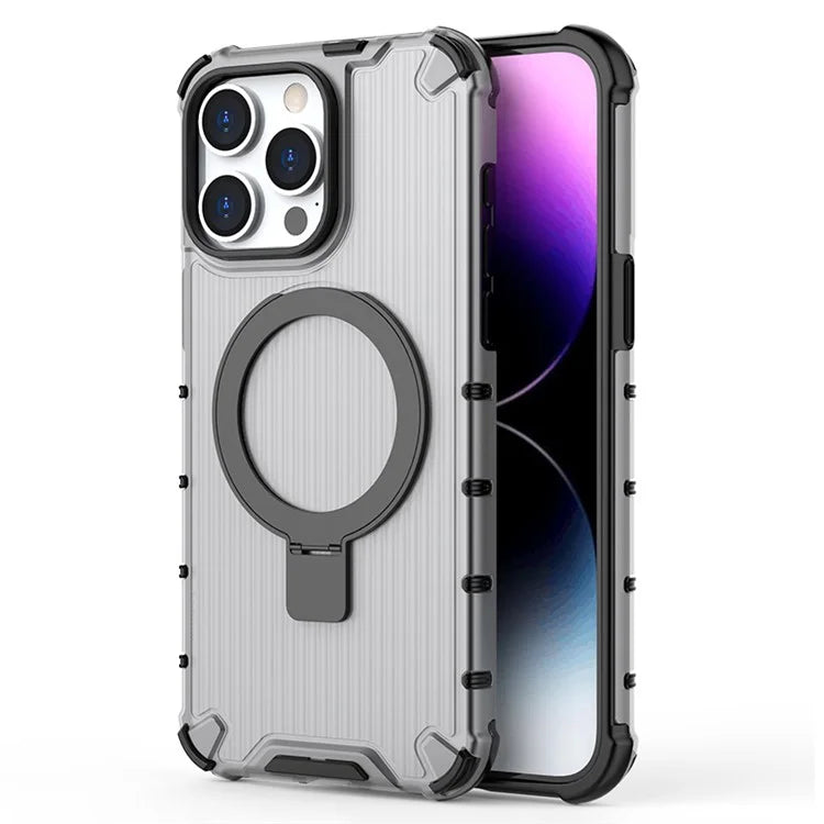 For iPhone 14 Pro PC+TPU Case Stripe Design Kickstand Magnetic Phone Cover