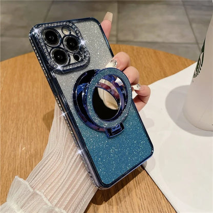 For iPhone 14 Pro Magnetic Phone Cover TPU Phone Case PC Kickstand Shell with Acrylic Mirror