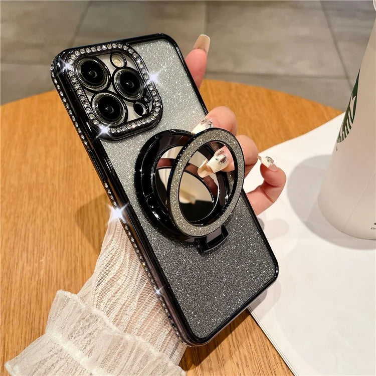 For iPhone 14 Pro Magnetic Phone Cover TPU Phone Case PC Kickstand Shell with Acrylic Mirror