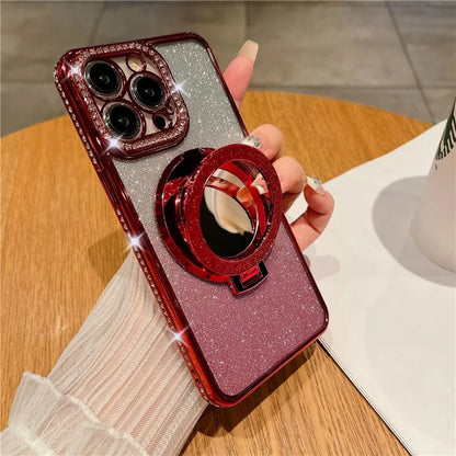 For iPhone 14 Pro Magnetic Phone Cover TPU Phone Case PC Kickstand Shell with Acrylic Mirror
