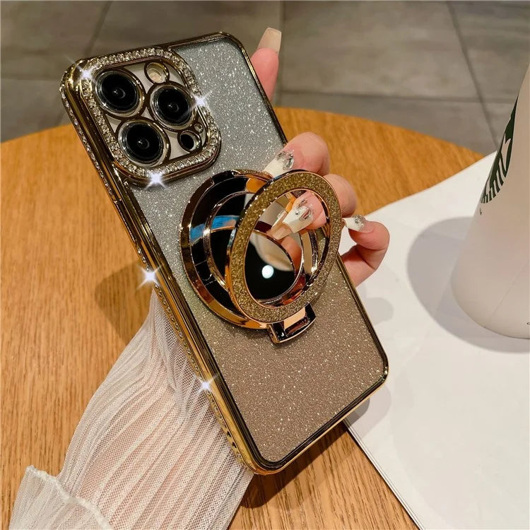 For iPhone 14 Pro Magnetic Phone Cover TPU Phone Case PC Kickstand Shell with Acrylic Mirror