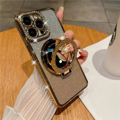 For iPhone 14 Pro Magnetic Phone Cover TPU Phone Case PC Kickstand Shell with Acrylic Mirror