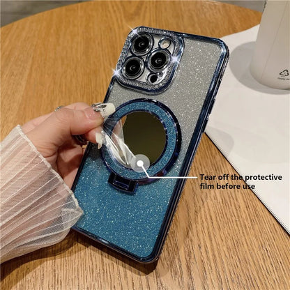 For iPhone 14 Pro Magnetic Phone Cover TPU Phone Case PC Kickstand Shell with Acrylic Mirror