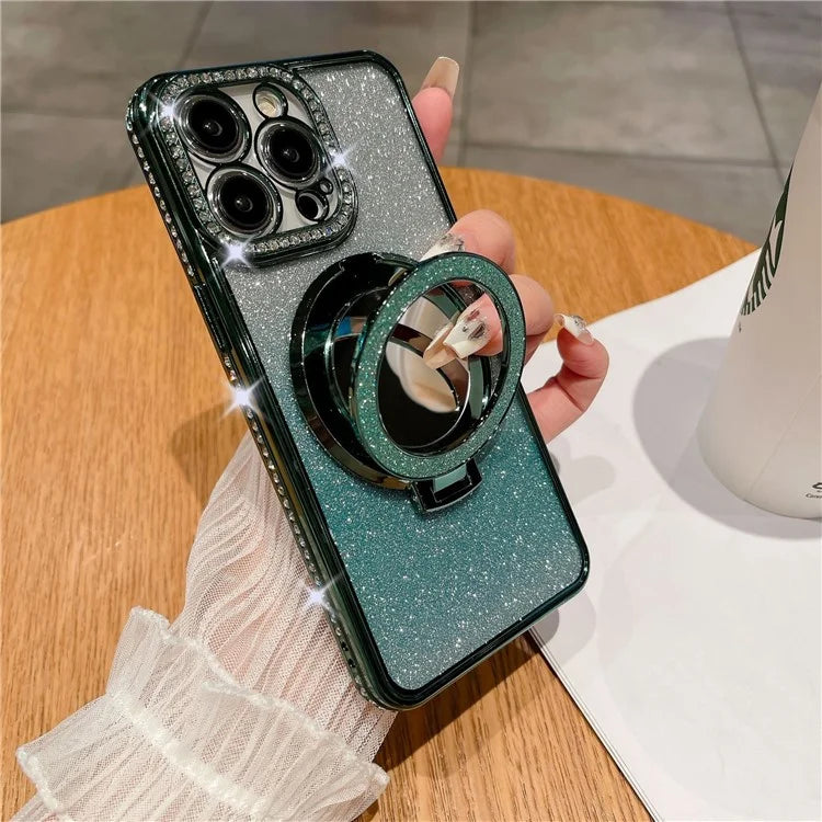 For iPhone 14 Pro Magnetic Phone Cover TPU Phone Case PC Kickstand Shell with Acrylic Mirror