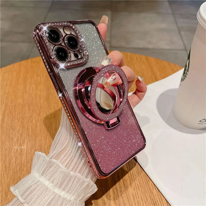 For iPhone 14 Pro Magnetic Phone Cover TPU Phone Case PC Kickstand Shell with Acrylic Mirror